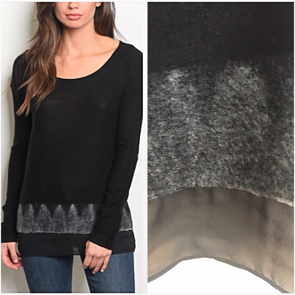 Chiffon Hem Black Knit Tunic Sweater SML - Picture 4 of 5